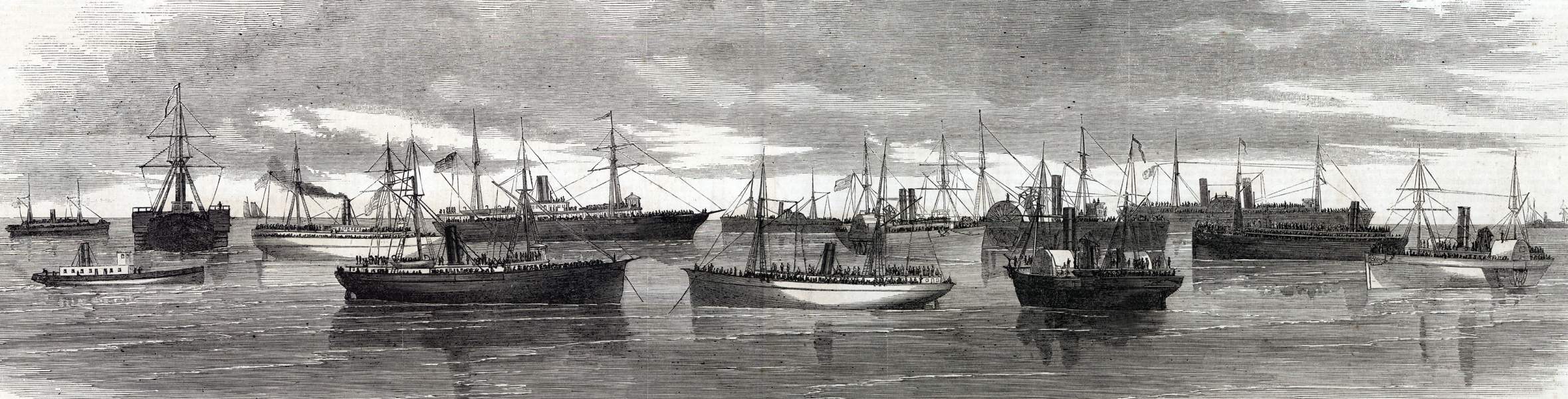 Embarkation of troops aboard transports, Hampton Roads, Virginia, December 12, 1864, artist's impression, zoomable image