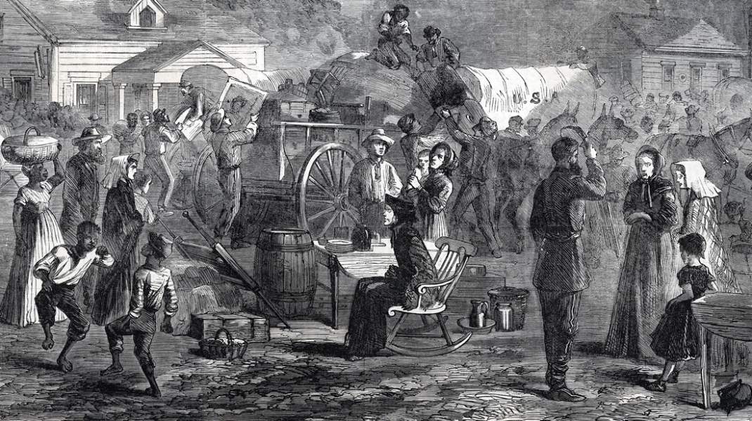Confederate refugees moving south from Atlanta, October, 1864, artist's impression, detail
