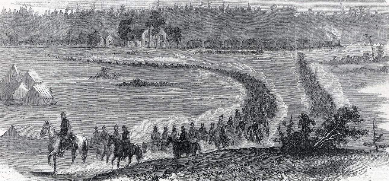 Reinforcements moving forward, Siege of Petersburg, Virginia, November, 1864, artist's impression, zoomable image