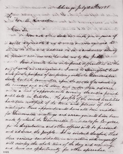 Stephen Douglas to Abraham Lincoln accepting the concept of a series of debates, July 24, 1858 (Page 1)