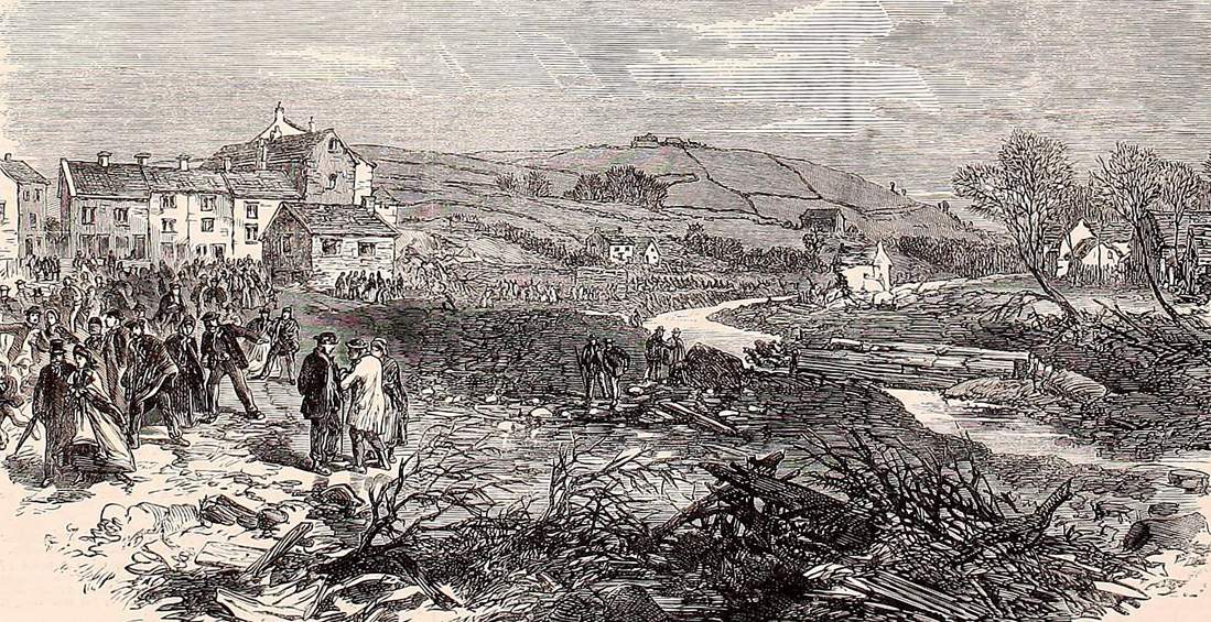 Aftermath of a deadly dam break in northern England, March, 1863, British artist's impression