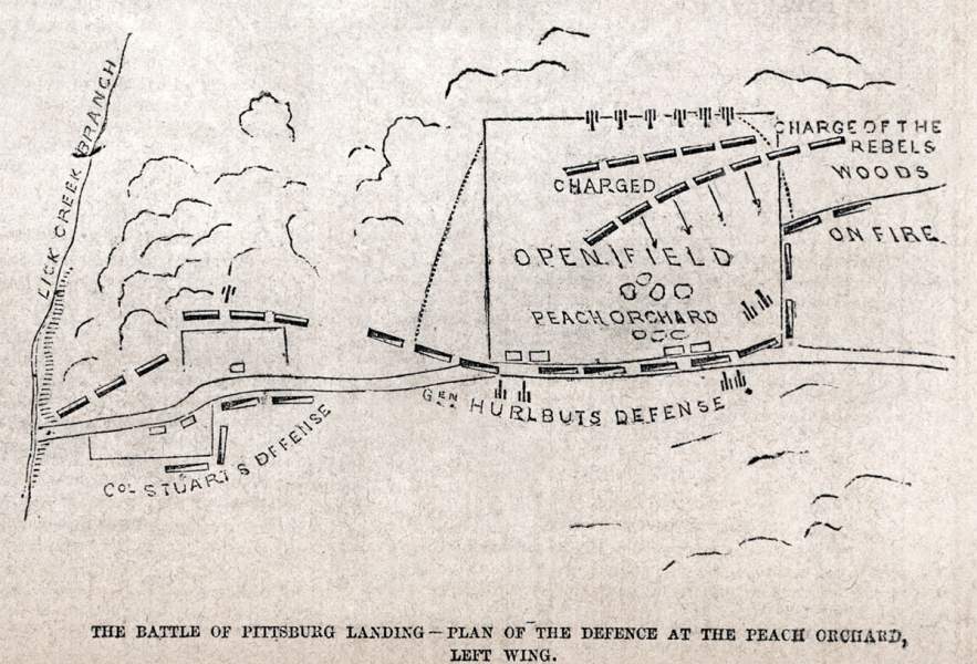 Fighting in the Peach Orchard, Pittsburg Landing, or Shiloh, April 6-7, 1862, Frank Leslie's Magazine battlemap