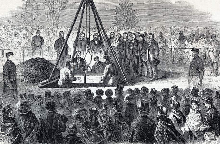Laying the cornerstone of the Shakespeare Monument, Central Park, New York City, April 23, 1864, artist's impression