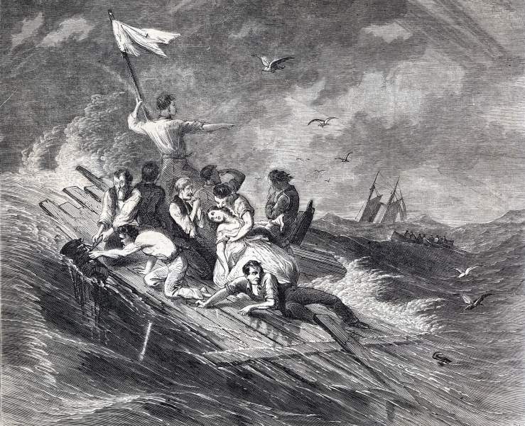 Rescue of passengers and crew of a wrecked brig, Atlantic Ocean, October 17, 1865, artist's impression, zoomable image