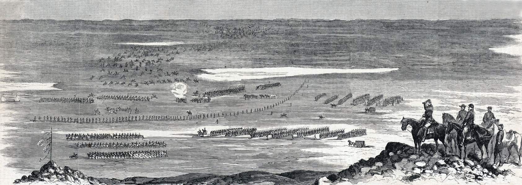 Sibley's troops in pursuit of defeated Sioux after Battle of Big Mound,  July 20,1863, artist's impression, zoomable image