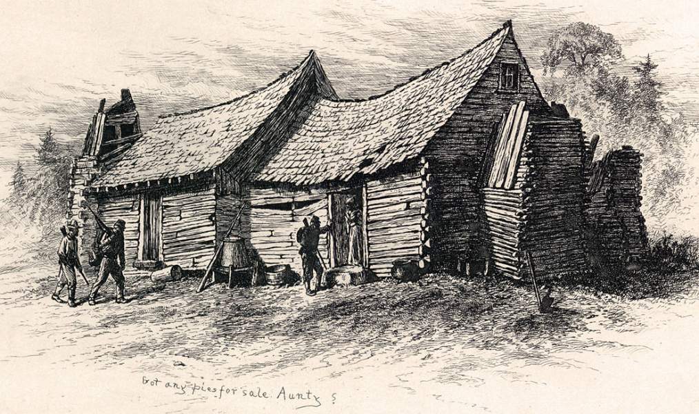 "A Slave Cabin - 'Got Any Pies For Sale, Aunty'," Edwin Forbes, copper plate etching, 1876