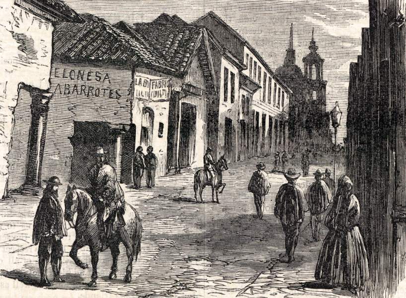 Santiago, Chile, near the Church of the Compania, December 1863, artist's impression