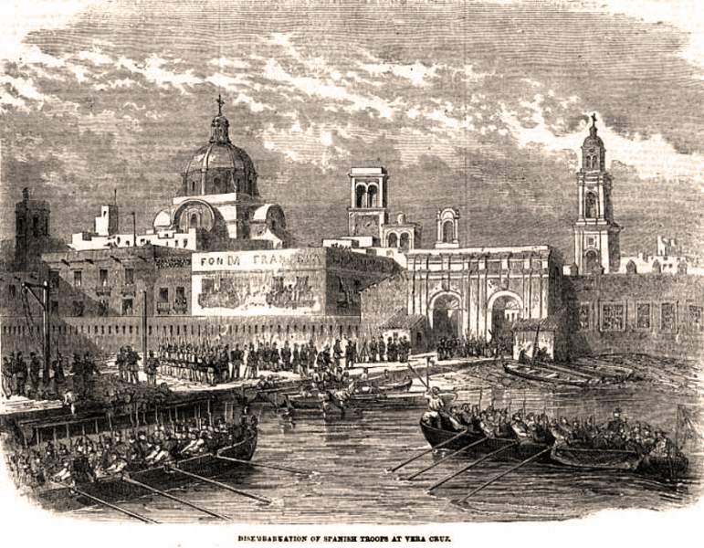 Spanish troops land at the port of Vera Cruz, Mexico, January, 1862, artist's impression