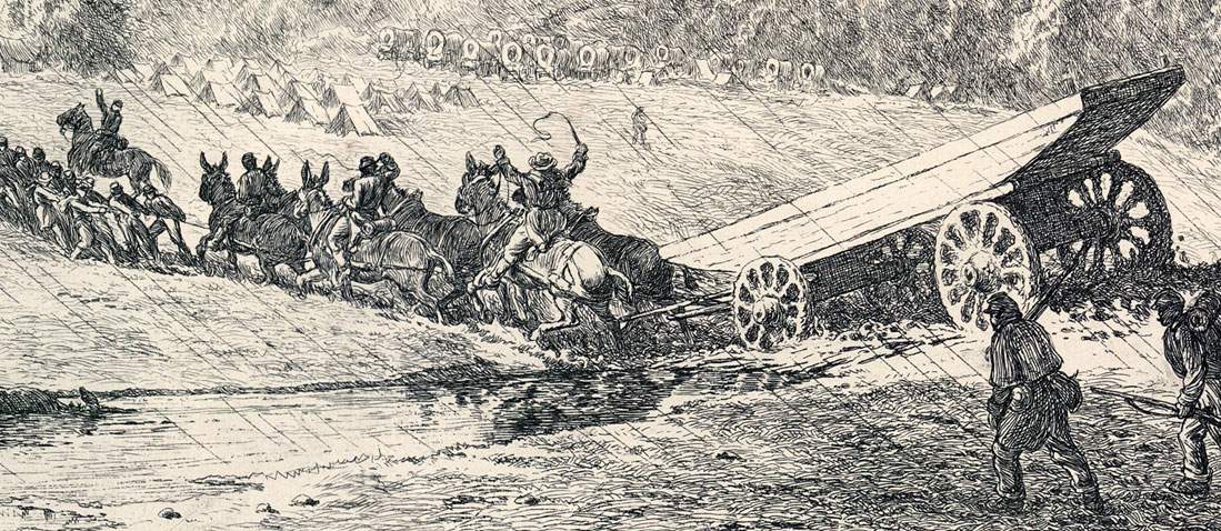 "Stuck in the Mud," Edwin Forbes, copper plate etching, 1876, detail