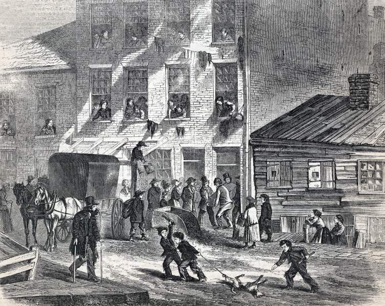 Poor person's funeral, Five Points, New York City, July 1865, artist's impression, zoomable image.