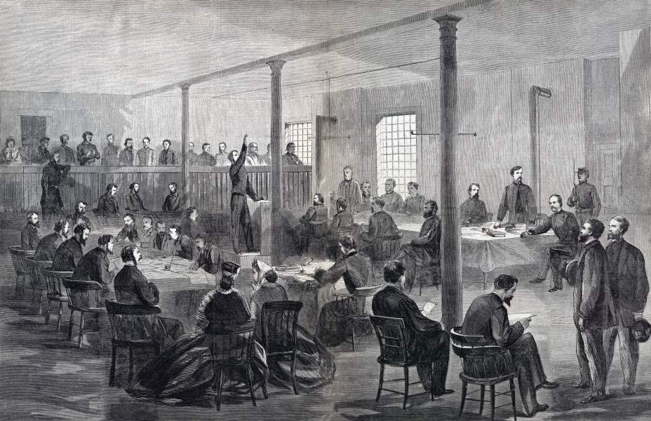 Courtroom in the Old Penitentiary Building, Lincoln Conspiracy Trial, April-May 1865, artist's impression, zoomable image