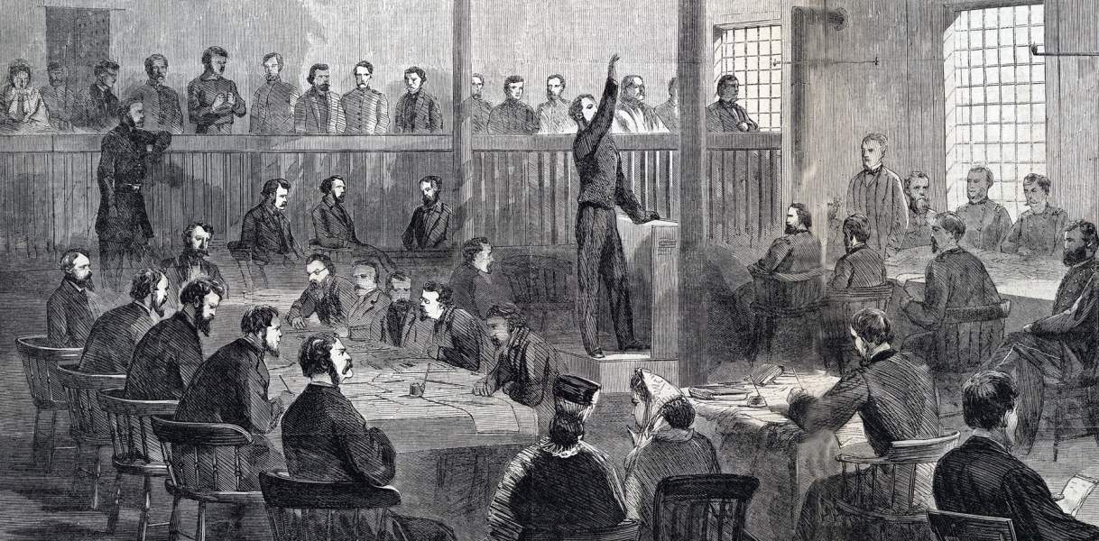 Courtroom in the Old Penitentiary Building, Lincoln Conspiracy Trial, May 1865, artist's impression, zoomable image, detail