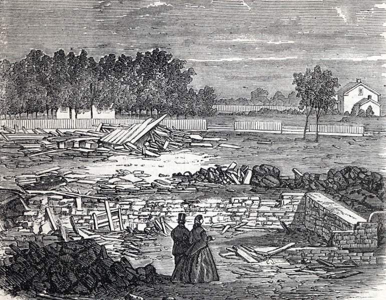Ruins of the Methodist Church, Viroqua, Wisconsin, following the destructive tornado of June 28, 1865, artist's impression