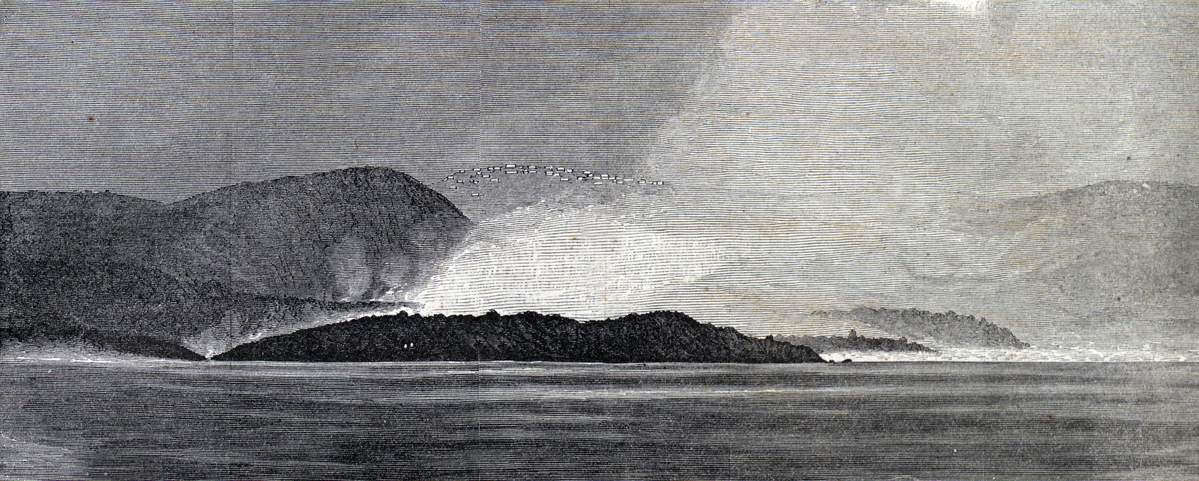 Volcanic eruption off Santorini Island, Greece, February 1866, artist's impression