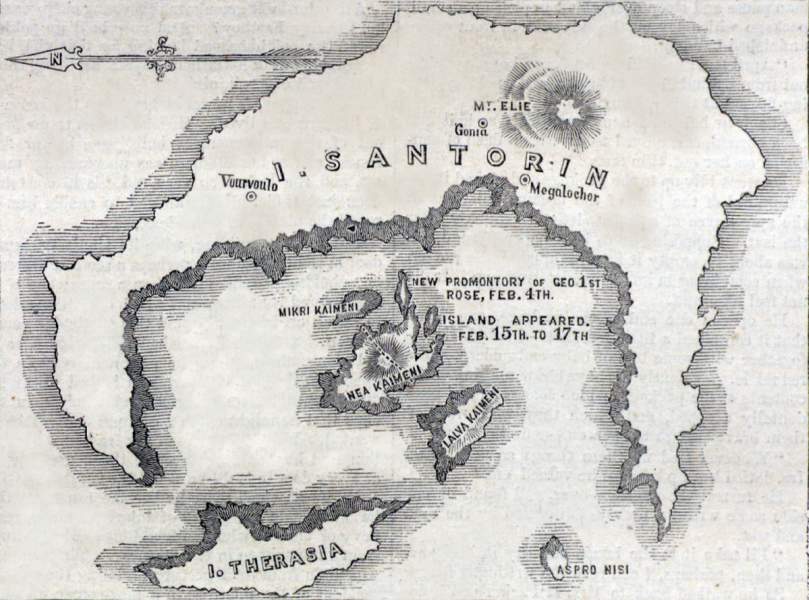 Volcanic eruption off Santorini Island, Greece, February 1866, map
