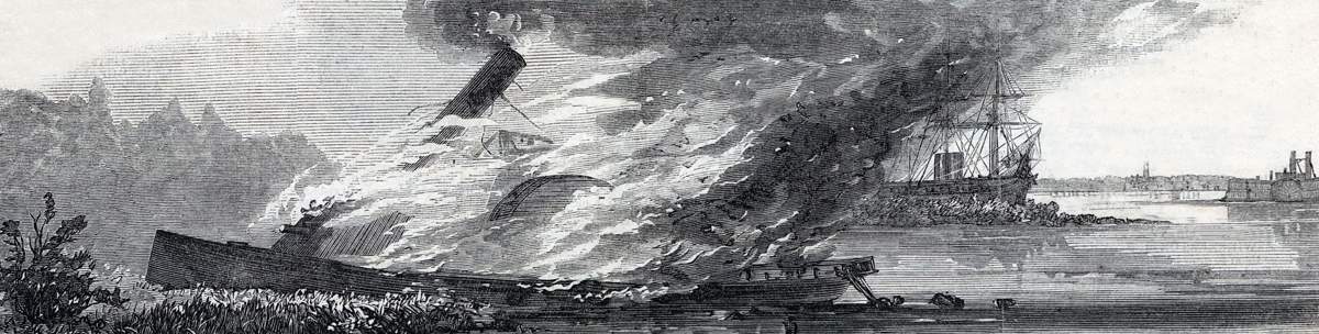 The C.S.S. Webb, fired by its crew after running aground in the mouth of the Mississippi, April 24, 1865, artist's impression