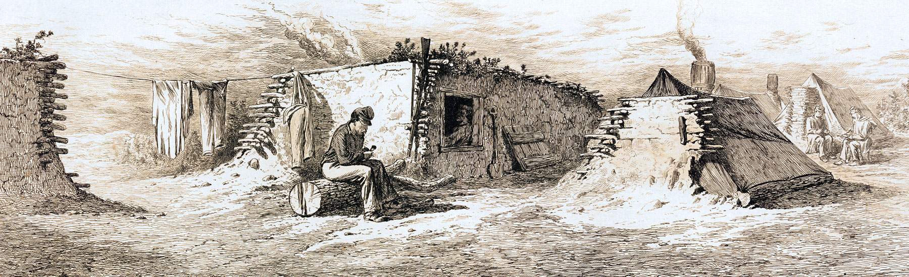 "Winter Camp - Mud Huts," Edwin Forbes, copper plate etching, 1876, zoomable image