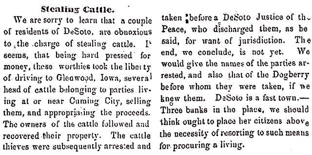 "Stealing Cattle," Omaha (NE) Nebraskian, June 16, 1858 
