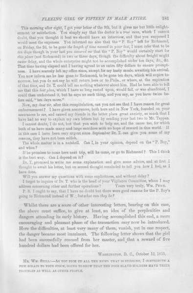 Jacob Bigelow (William Penn) to William Still, October 12, 1855 (Page 1)