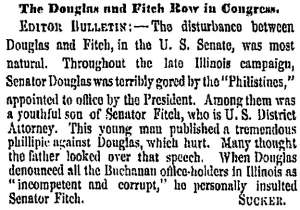 “The Douglas and Fitch Row in Congress,” San Francisco (CA) Evening Bulletin, February 18, 1859