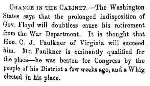 “Change in the Cabinet,” Fayetteville (NC) Observer, August 22, 1859