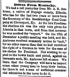 “Driven From Kentucky,” Chicago (IL) Tribune, January 10, 1861