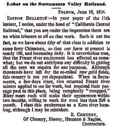 “Labor on the Sacramento Valley Railroad,” San Francisco (CA) Evening Bulletin, June 19, 1858