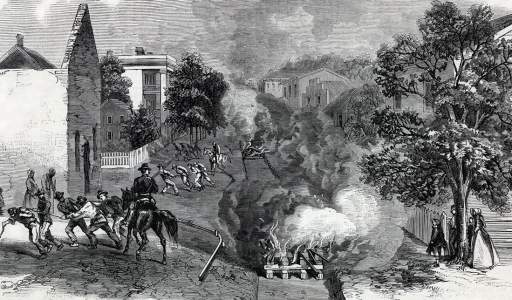 Destruction of the Macon Railway by Union Infantry, Jonesboro, Georgia, September 1864, artist's impression, detail