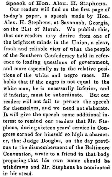 “Speech of Hon. Alex H. Stephens,” Newark (OH) Advocate, April 19, 1861