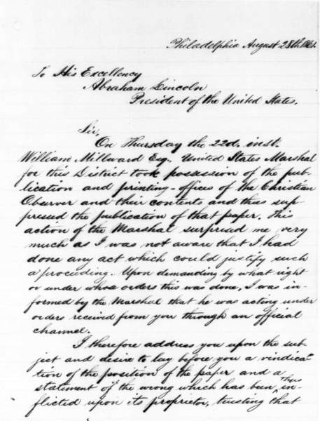 Amasa Converse to Abraham Lincoln, August 28, 1861 (Page 1)