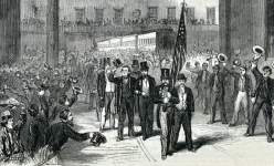 President Andrew Johnson embarking at Jersey City, New Jersey for the ferry to New York City, August 29, 1866, artist's impression, detail.