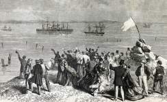 Arrival of the "Great Eastern" on Newfoundland coast, with the Atlantic Cable, July 27, 1866, artist's impression, detail.