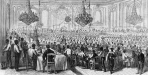 Banquet honoring Cyrus Field and his completion of the Atlantic Cable, Metropolitan Hotel, New York City, November 15, 1866, artist's impression.