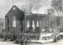 Saint Patrick's Old Cathedral, New York City, the morning after its disastrous fire, October 7, 1866, artist's impression.