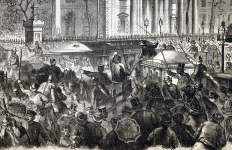 Traffic chaos on Broadway, New York City, after the laying of crossing train lines, October 29, 1866, artist's impression, detail.