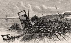 Hurricane damage, Nassau Harbor, New Providence, Bahamas, October 1866, artist's impression.