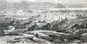 View of the burned out sections of the city of Quebec, Canada, following the great fire of October 14, 1866, artist's impression, detail.