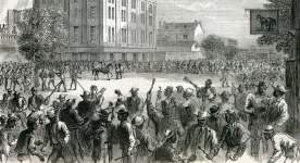 African-American crowds clash with police in Richmond, Virginia rioting, May 11, 1867, artist's impression, detail. 