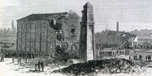 Ruins of parts of Williamsburg, Long Island, New York after an explosion and fire, July 18, 1866, artist's impression