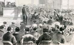 Empanneling the jury at the opening of the trial of John Harrison Surratt, Washington, D.C., June 10, 1867, artist's impression. 