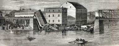 Railroad Accident, Muskingum River Bridge, Zanesville, Ohio, December 4, 1866, artist's impression.
