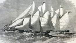 The yachts "Vesta," "Henrietta," and "Fleetwing" begin their Atlantic Race off Sandy Hook, New Jersey, December 11, 1866, artist's impression.