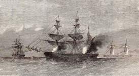 C.S.S. Alabama destroying an American merchant ship near Singapore, December 24, 1863, British artist's impression