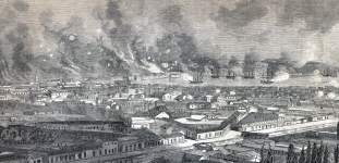 Bombardment of Valparaiso, Chile, viewed from inland, March 31, 1866, artist's impression, detail