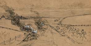 Confederate cavalry burning Cumberland Valley Railroad tracks near Scotland, Franklin County, Pennsylvania, detail