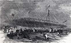 Launch of the U.S.S. Dunderburg ironclad, East River, New York City, July 22, 1865, artist's impression