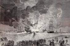Explosion of the British merchant ship "Lottie Sleigh" in Liverpool Harbor, January 9, 1864, British artist's impression