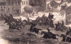 John Hunt Morgan's Confederate raiders skirmishing through Washington, Ohio, July 24, 1863, artist's impression, detail