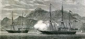 Battle of Papudo, off Chile, between Spanish and Chilean naval units, November 26, 1865, artist's impression