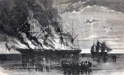 Passengers and crew evacuating the S.S. Glasgow burning at sea, July 31, 1865, artist's impression